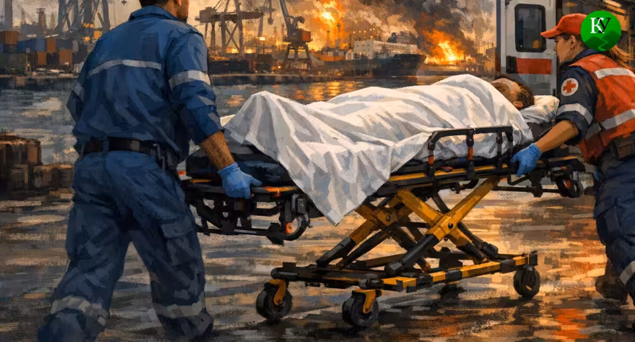 An ambulance and a victim of a drone attack. Illustration created by Caucasian Knot using AI in the Copilot program.
