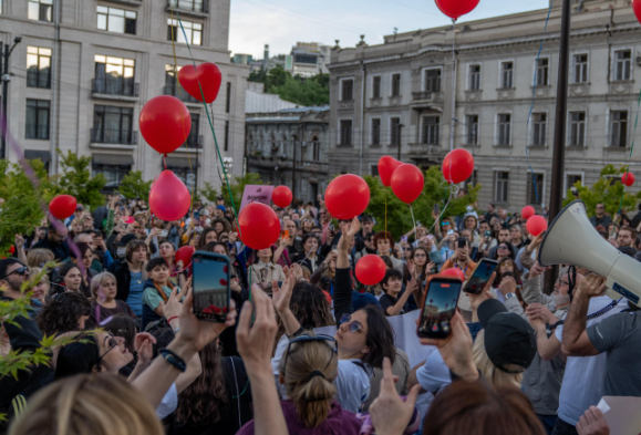 Participants in a march in Tbilisi. Screenshot from Publika photo from May 17, 2026, https://www.facebook.com/photo/?fbid=1760588758674000&set=pcb.1760588888673987 (Meta, the company that owns the social network, is banned in Russia).