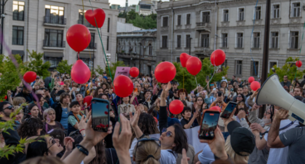 Participants in a march in Tbilisi. Screenshot from Publika photo from May 17, 2026, https://www.facebook.com/photo/?fbid=1760588758674000&set=pcb.1760588888673987 (Meta, the company that owns the social network, is banned in Russia).