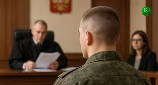 A serviceman in a courtroom. Illustration created by the "Caucasian Knot" using AI in the Copilot program.
