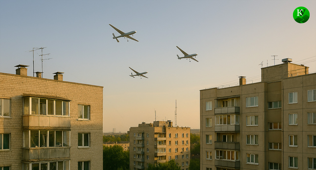 A drone over the city. Illustration created by the Caucasian Knot using AI in the Copilot program.