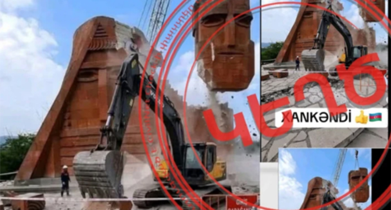 A photograph used by users to claim that Azerbaijani forces are using construction equipment to destroy the "We Are Our Mountains" monument. Photo: https://civilnet.am/hy/news/1012657
