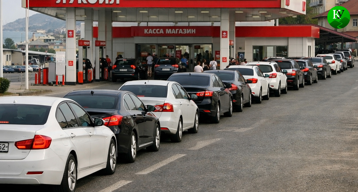 A gas station queue. Illustration created by Caucasian Knot using AI in the Copilot program.