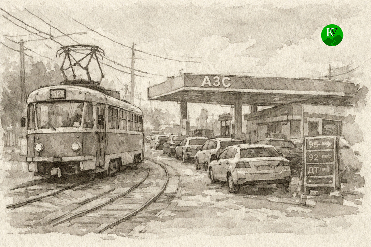 Tram against the backdrop of a gas station. Illustration created by "Caucasian Knot" using AI in the Copilot program.