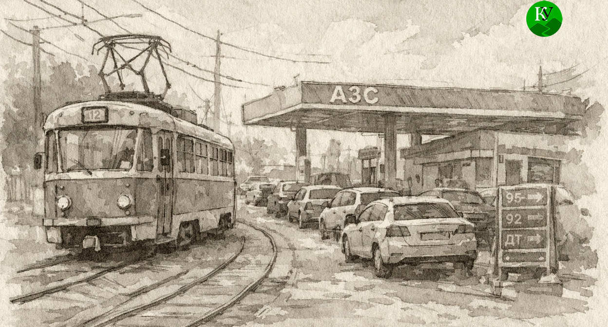 Tram against the backdrop of a gas station. Illustration created by "Caucasian Knot" using AI in the Copilot program.