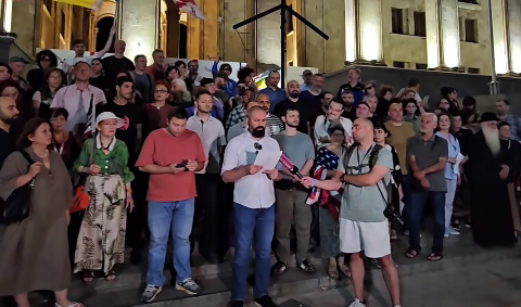 Activists read an address to the EU. A still from a video by Publika from 05.07.26, https://www.facebook.com/reel/970950939308170. Activists read an address to the EU. A still from a video by Publika from 05.07.26, https://www.facebook.com/reel/970950939308170.