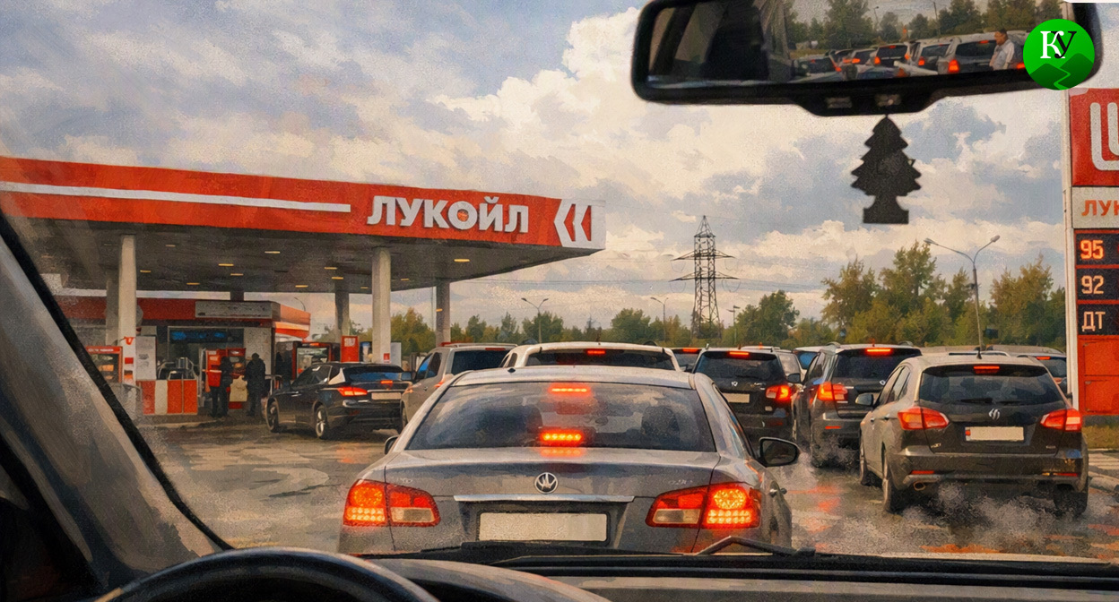 Queue at the gas station. Illustration created by "Caucasian Knot" using AI in the Copilot program.