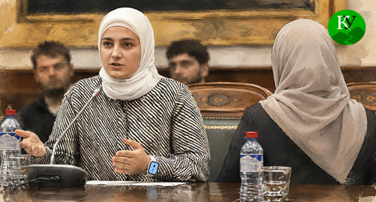 Aishat Kadyrova is communicating with a woman. Illustration created by "Caucasian Knot" using AI in the Copilot program.