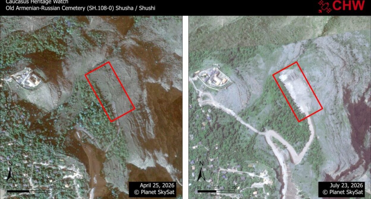Comparative photo of the cemetery in April and July 2026. Caucasus Heritage Watch's account on the social network Facebook*