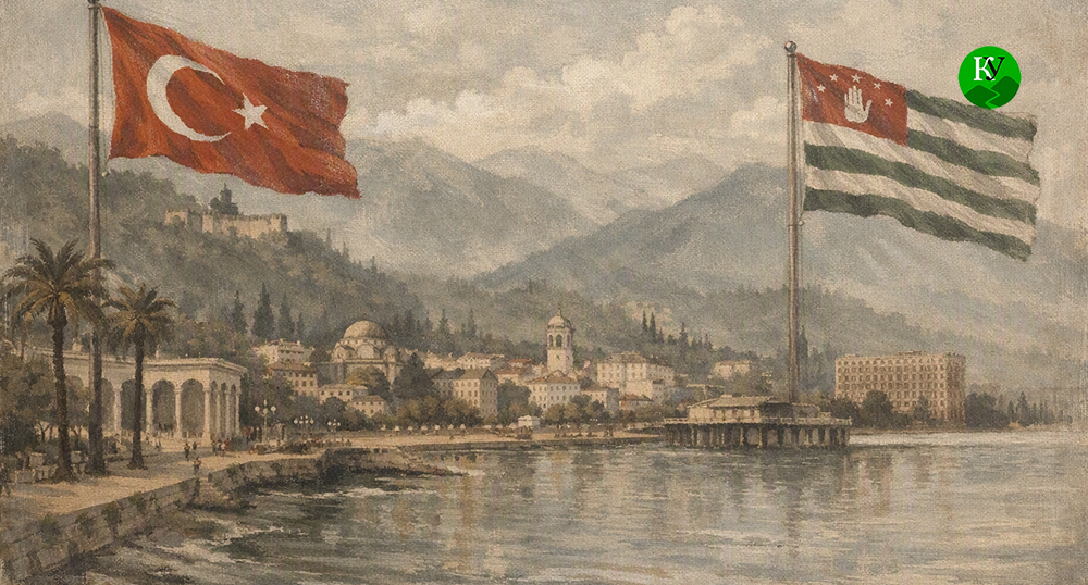 Flags of Abkhazia and Turkey. The illustration was created by the "Caucasian Knot" using AI in the Copilot program.