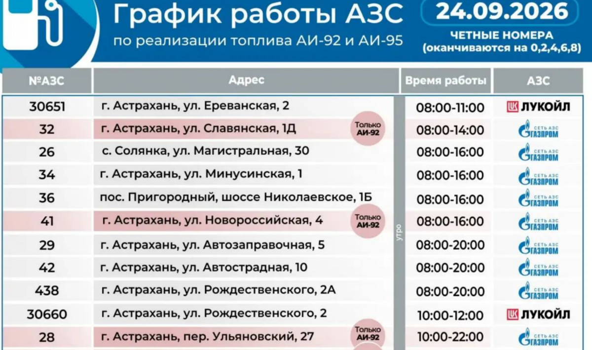 Gas station working hours in Astrakhan. Screenshot from Babushkin's TG from 24.09.26, https://t.me/babushkin30/11638