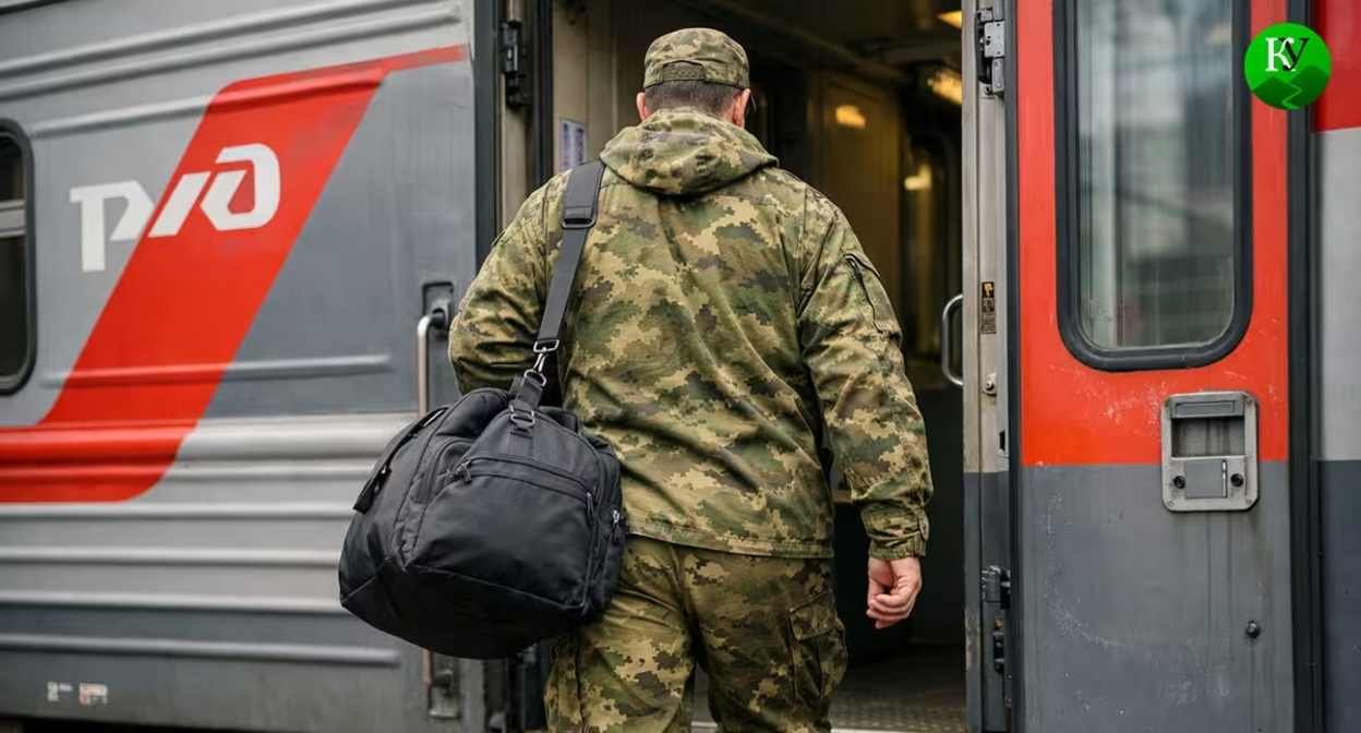 A soldier is getting on a train. Illustration created by "Caucasian Knot" using AI in the Copilot program.