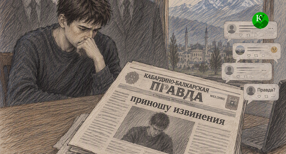 A note with public apologies in the newspaper. The illustration was created by "Caucasian Knot" using AI in the Copilot program.