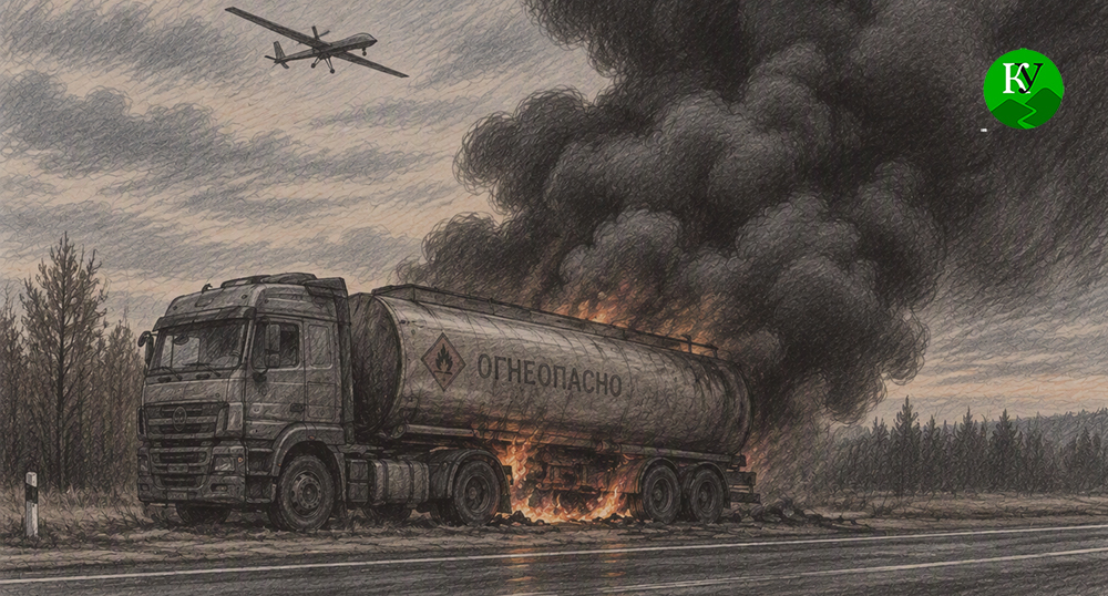 A burning fuel truck and UAV. Illustration created by "Caucasian Knot" using AI in the Copilot program.
