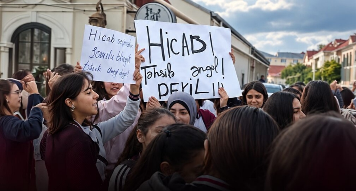 A protest against the ban on wearing hijabs. A frame from a video recorded near school No. 69 in the village of Balakhany. Source: Meydan TV https://www.meydan.tv/az/article/hicab-qadagasi-fonunda-t%c9%99hsil-i%cc%87dar%c9%99si-m%c9%99kt%c9%99bl%c9%99rd%c9%99-yoxlamalara-baslayir/
