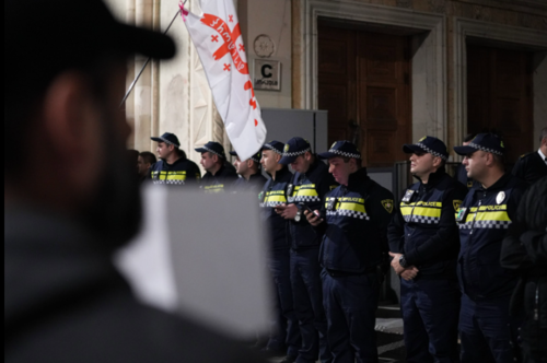 Police at the march in Tbilisi. Screenshot from Publika 10.10.26,https://www.facebook.com/photo/?fbid=1896319721767569&set=pb.100041686795244.-2207520000(Meta's activities, which owns the social network, are banned in Russia) Police at the march in Tbilisi. Screenshot from Publika 10.10.26,https://www.facebook.com/photo/?fbid=1896319721767569&set=pb.100041686795244.-2207520000(Meta's activities, which owns the social network, are banned in Russia)